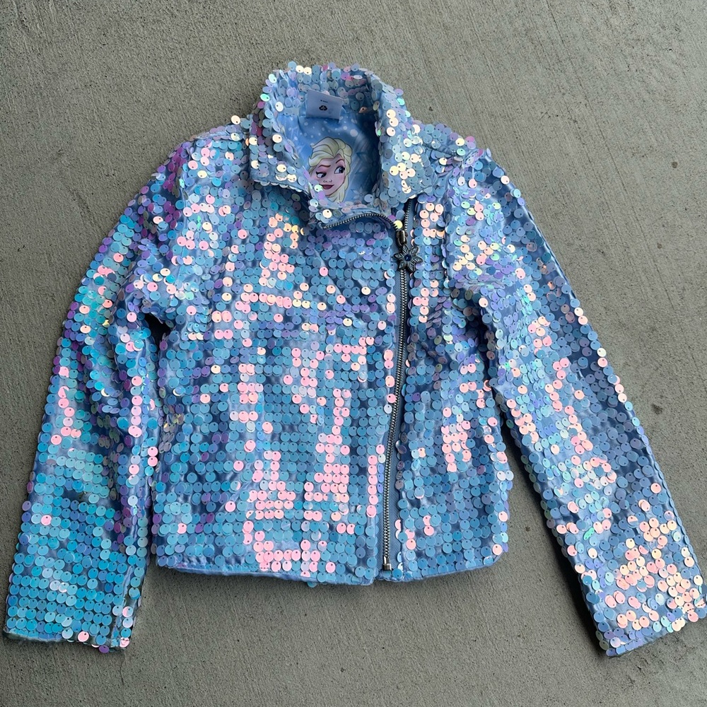 Disney Elsa Frozen Sequin Moto Jacket - Light Blue Iridescent